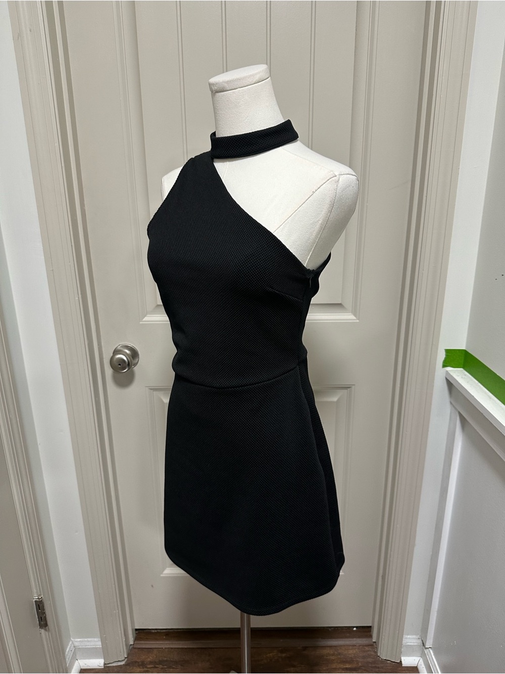 She + Sky Black One-Shoulder Mock Collar Dress